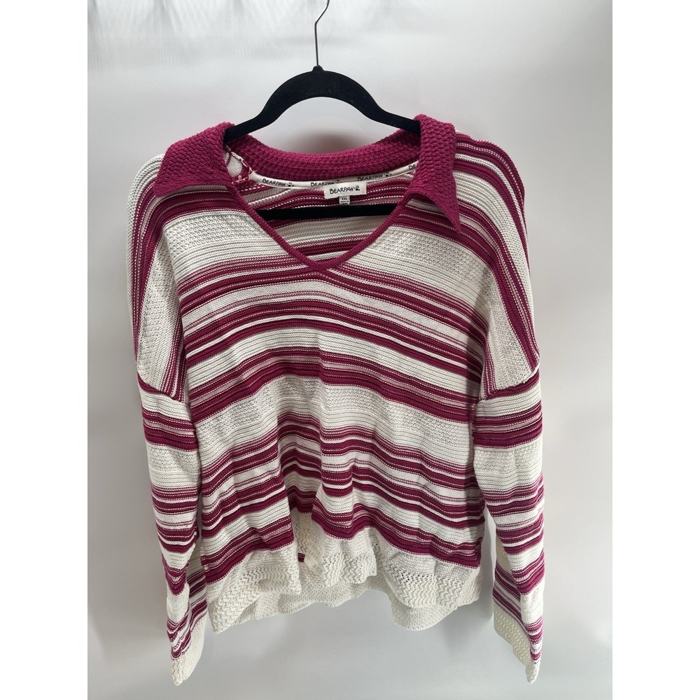 Bearpaw brand Maroon and white striped knit V-neck Sweater‎ XXL
